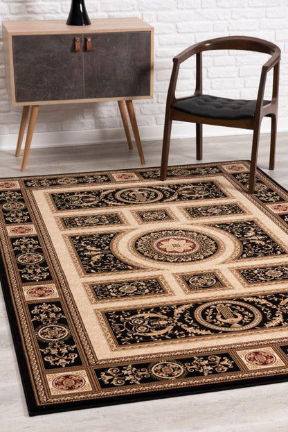 Fajr Floral Medallion Traditional Black and Beige Indoor Rug