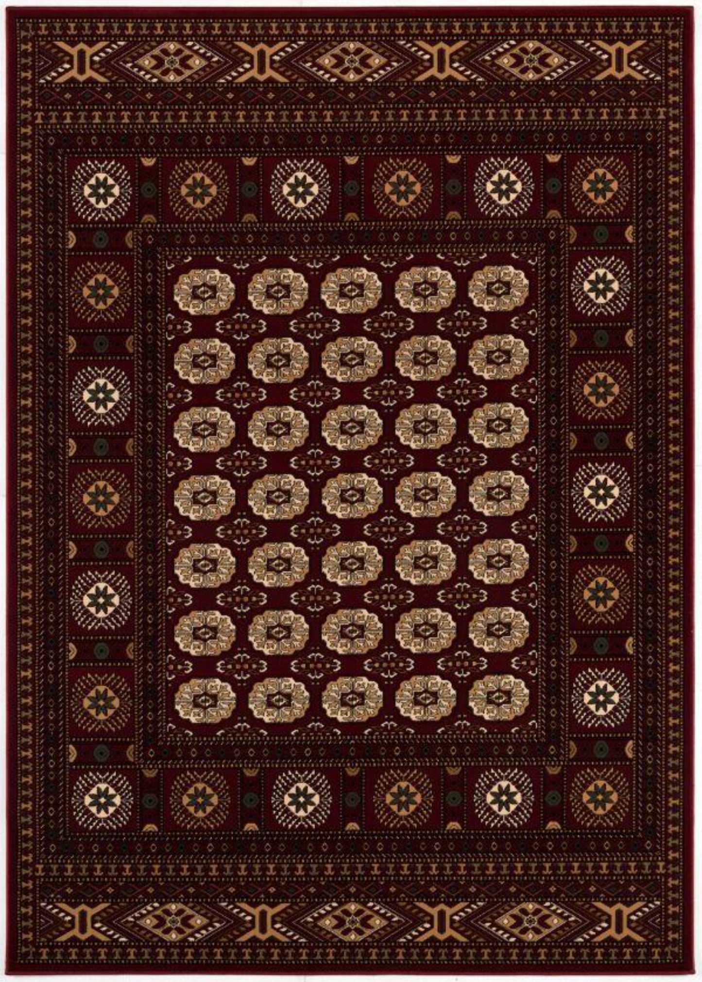 Rawda Oriental Bokhara Traditional Red and Beige Indoor Rug
