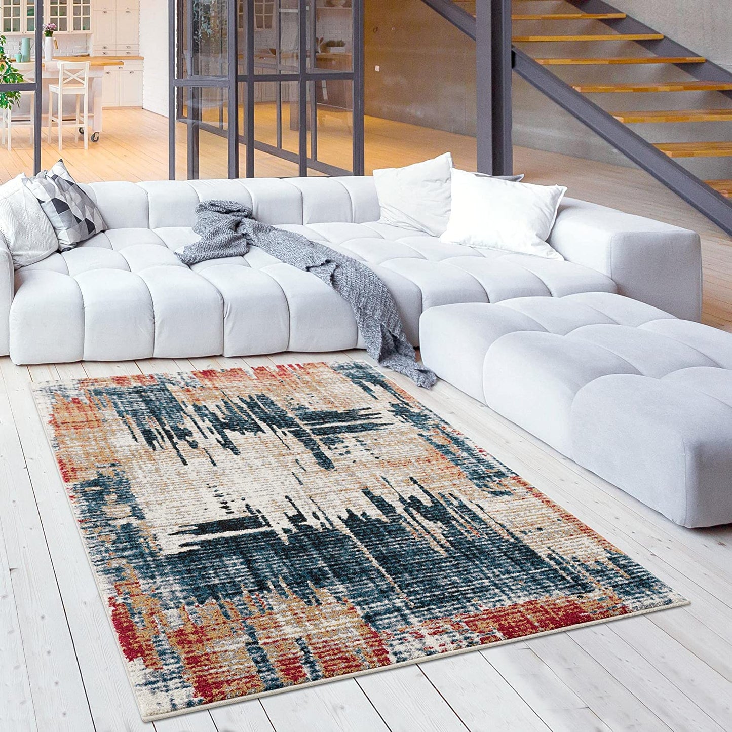 Mehr Abstract Contemporary Blue and Red Indoor Rug-4