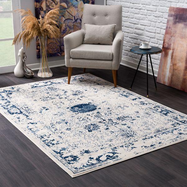 Havana Collection Traditional Oriental Distressed Area Rug and Runner - Navy Blue