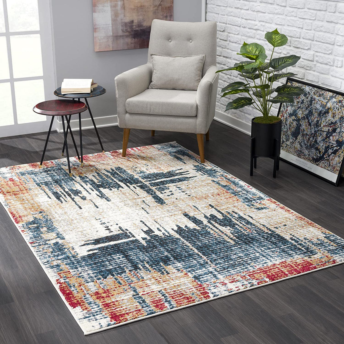 Tapis bleu contemporain abstrait Nova