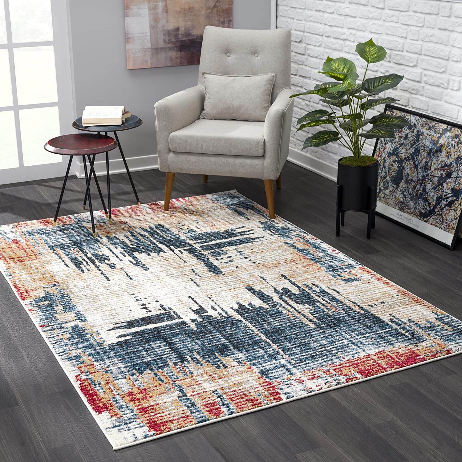 Mehr Abstract Contemporary Blue and Red Indoor Rug-2