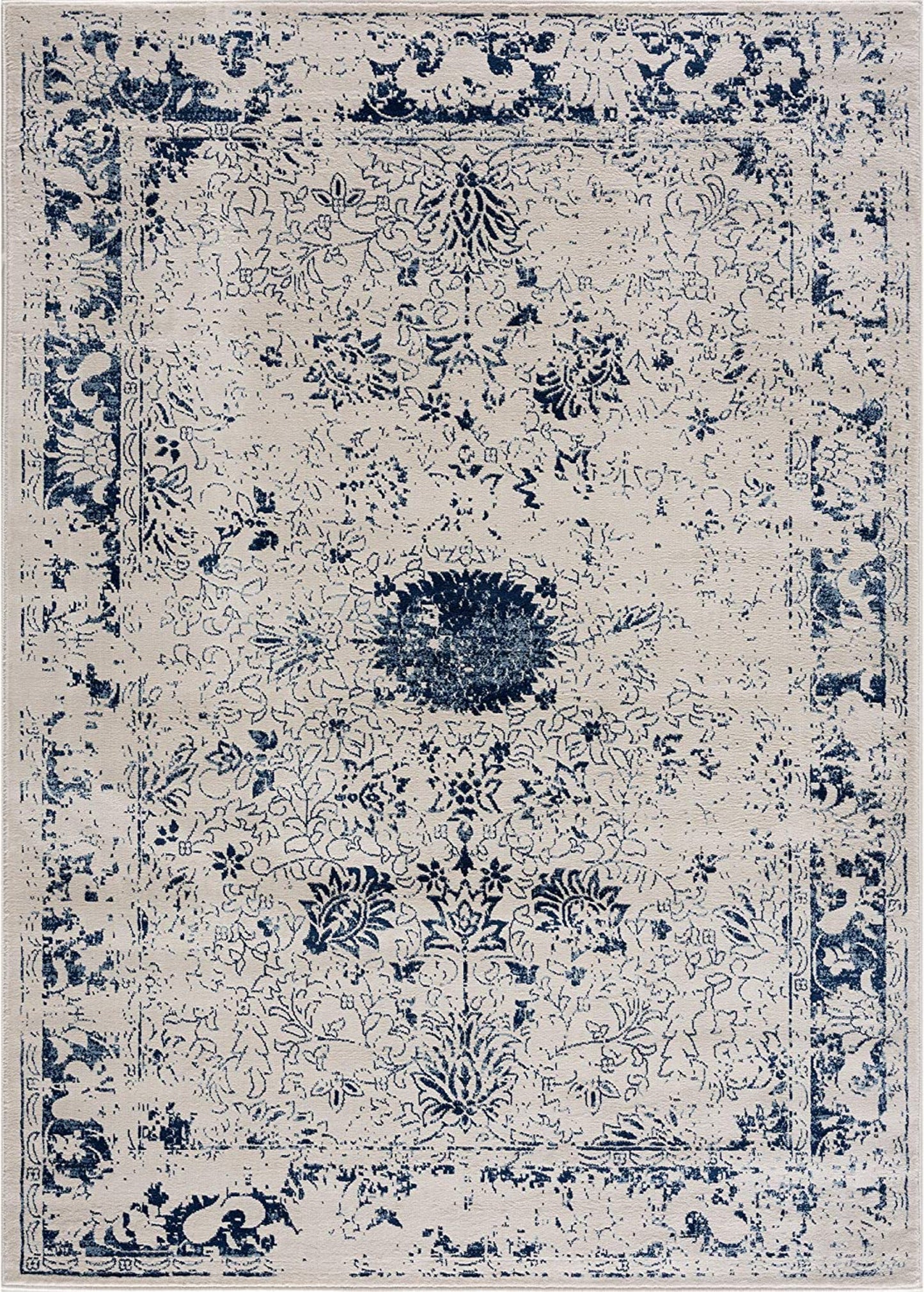 Naveen Floral Medallion Contemporary Navy Blue and Cream Indoor Rug-1