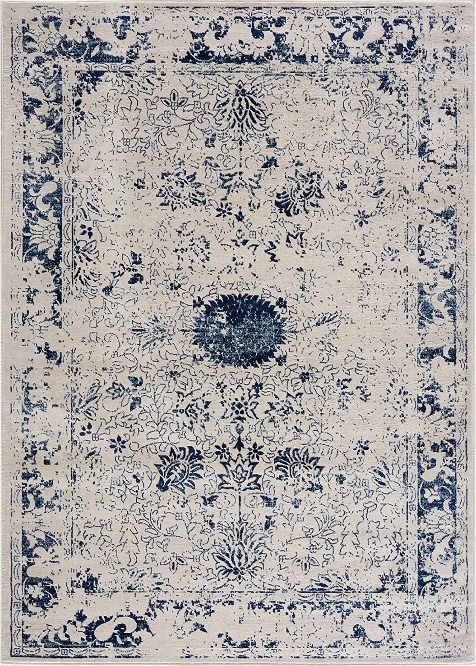 Naveen Floral Medallion Contemporary Navy Blue and Cream Indoor Rug-1