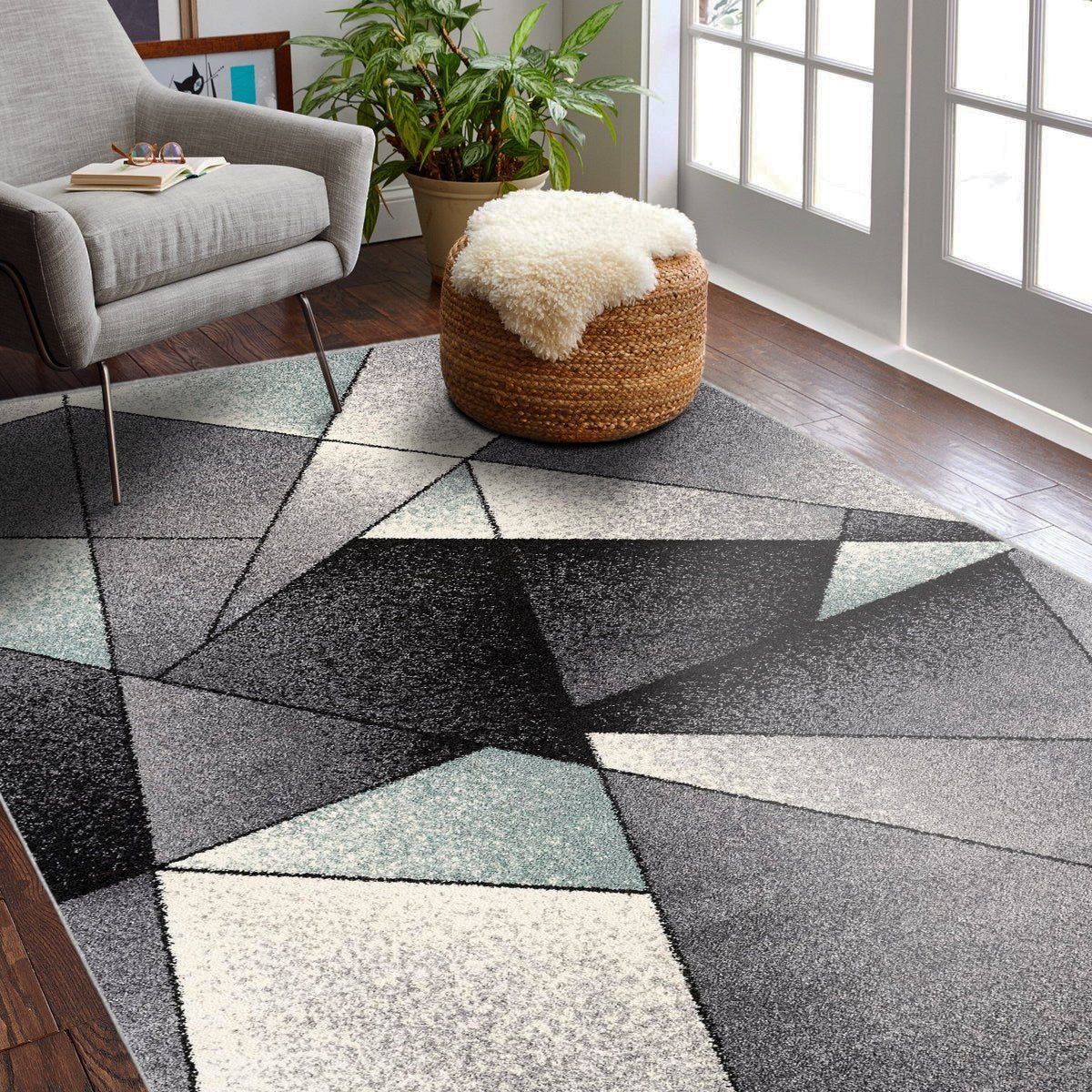 Nour Geometric Contemporary Grey and Blue Indoor Rug