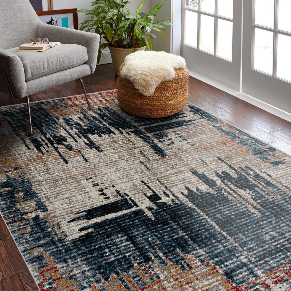 Mehr Abstract Contemporary Blue and Red Indoor Rug-7