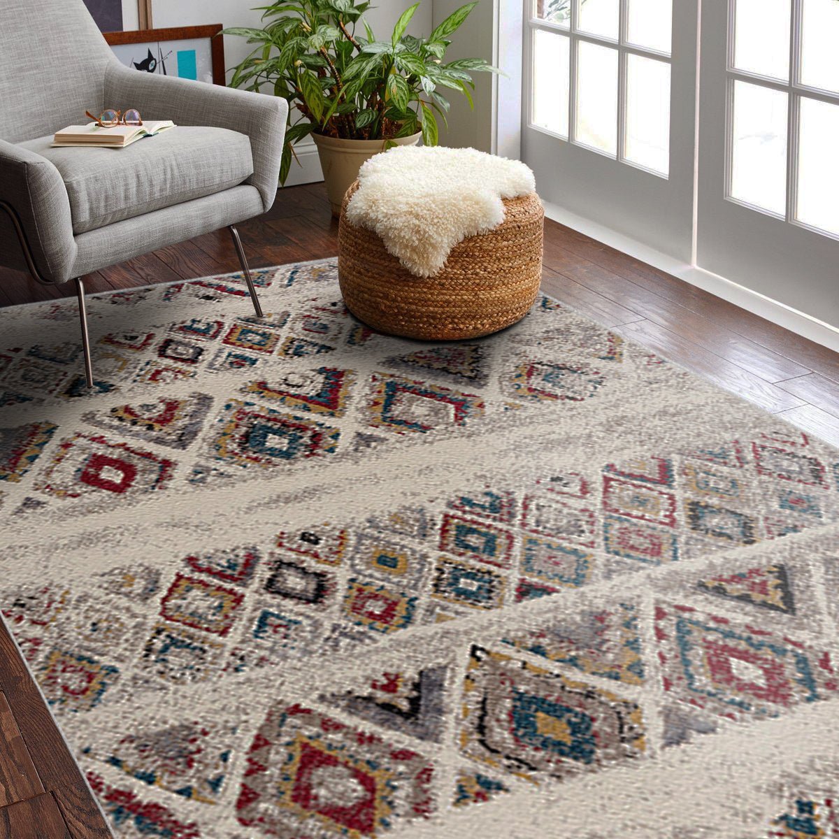 Safa Boho Contemporary Cream and Red Indoor Rug
