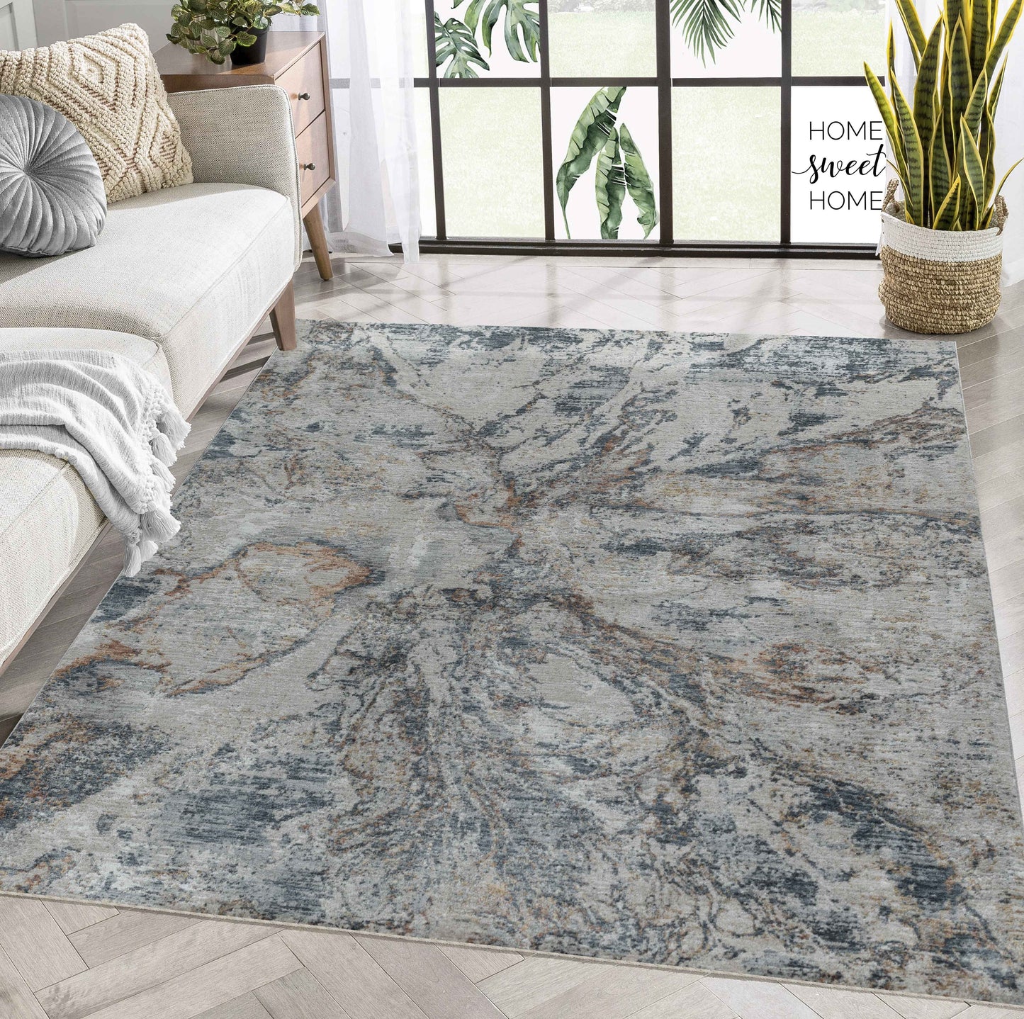 Caldera Abstract Stone Contemporary Beige and Blue Indoor Rug