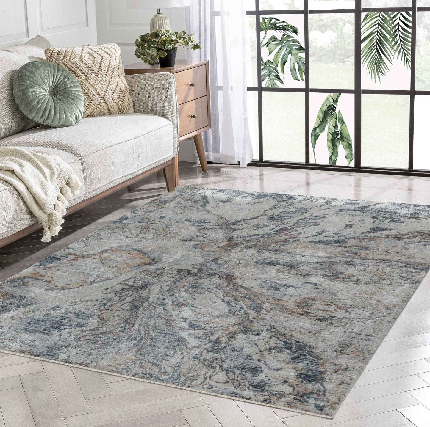 Caldera Abstract Stone Contemporary Beige and Blue Indoor Rug
