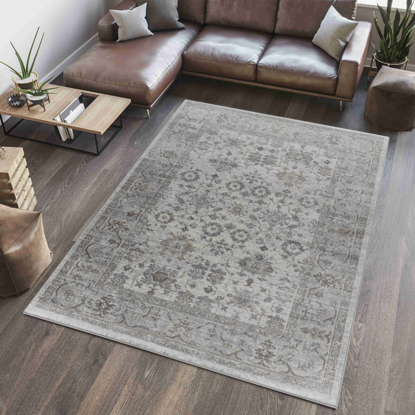 Hala Oriental Floral Traditional Grey and Brown Indoor Rug