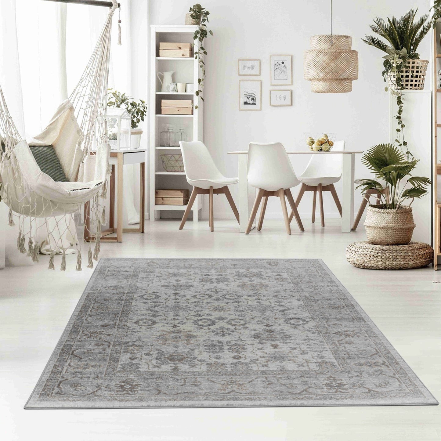 Hala Oriental Floral Traditional Grey and Brown Indoor Rug