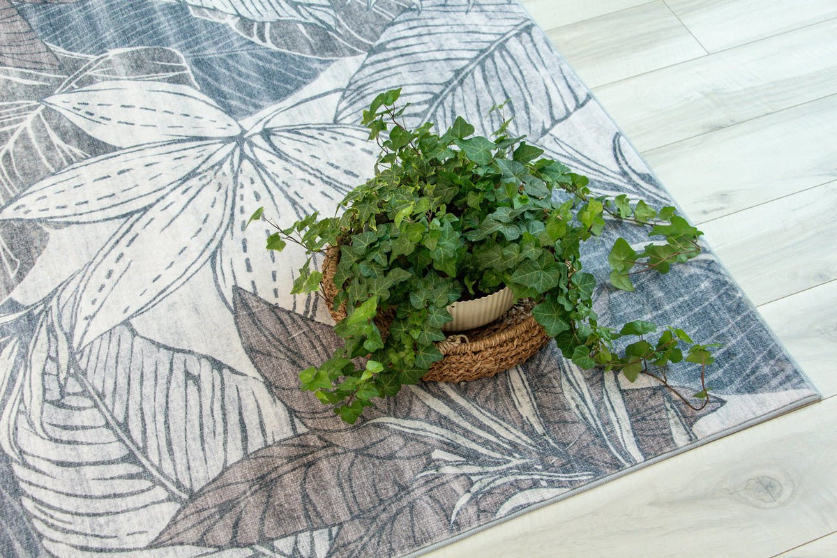Natura Botanical Leaf Comtemporary Brown and Grey Indoor Rug
