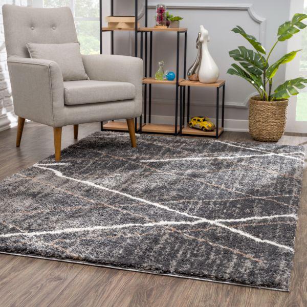 Tapis gris à poils longs rétro géométrique