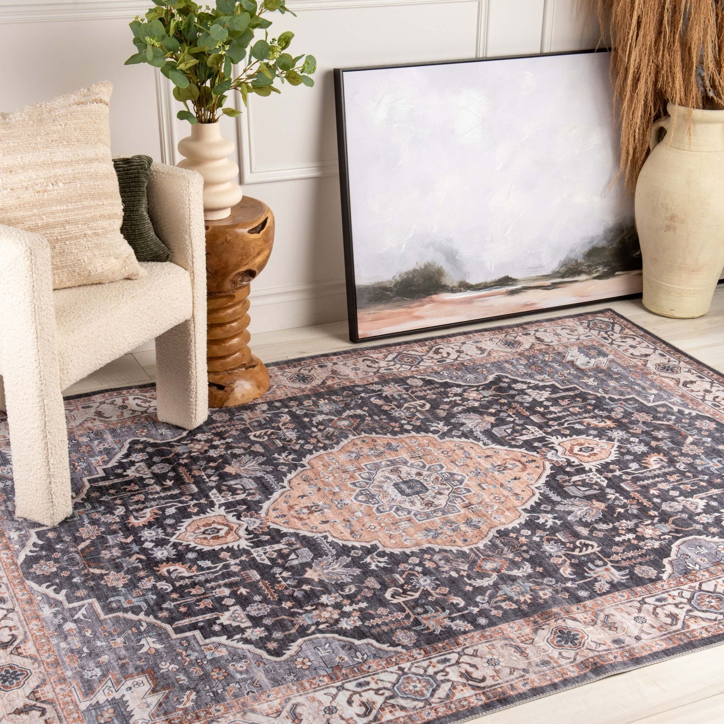 Lina Vintage Medallion Traditional Blue and Beige Indoor Rug