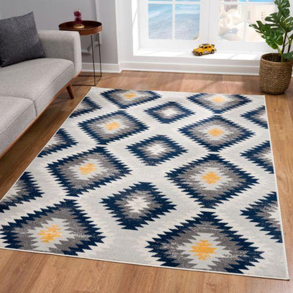 Savannah Collection Modern Ikat Area Rug And Doormat, Blue
