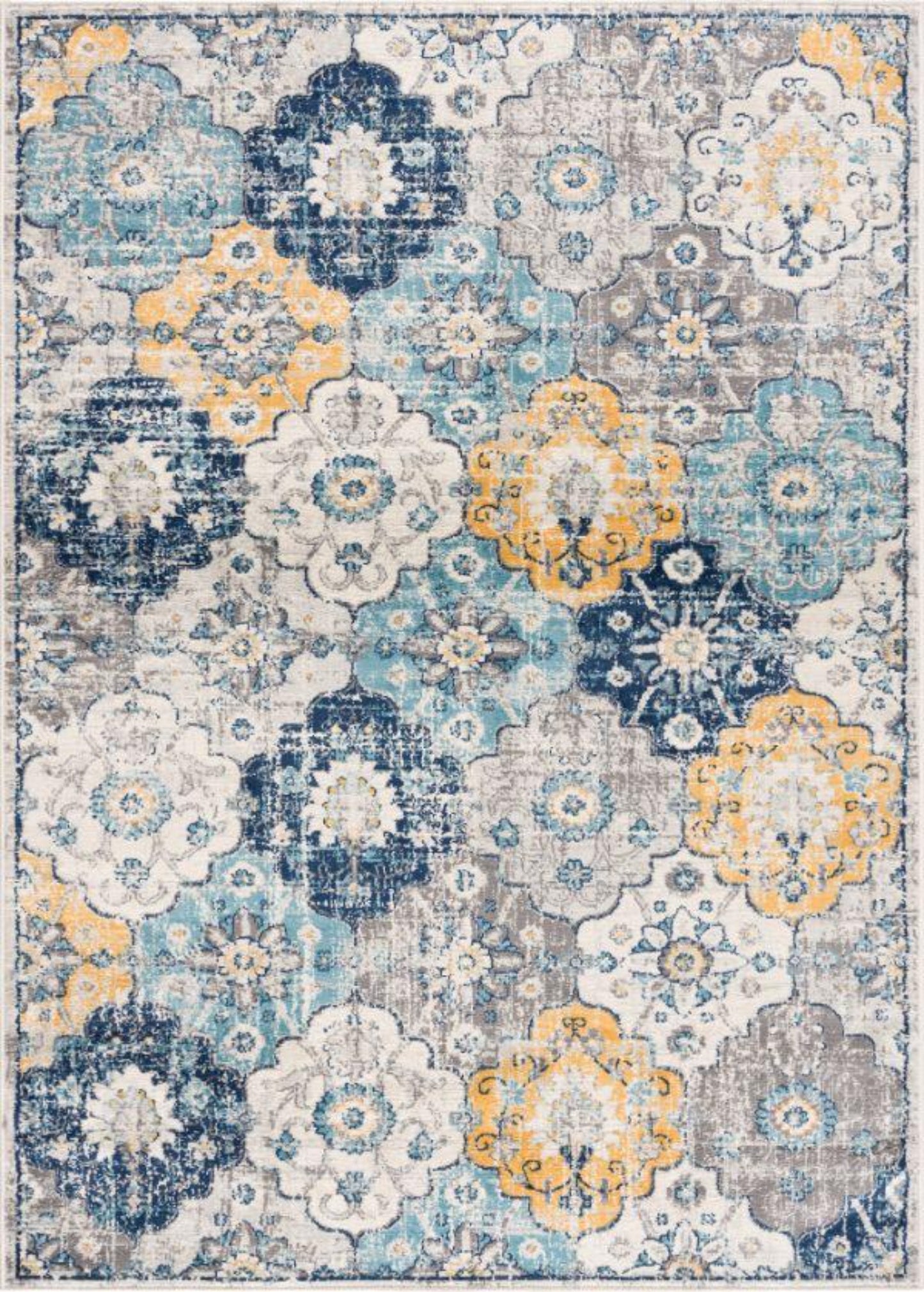 Valencia Vintage Floral Contemporary Blue and Grey Indoor Rug