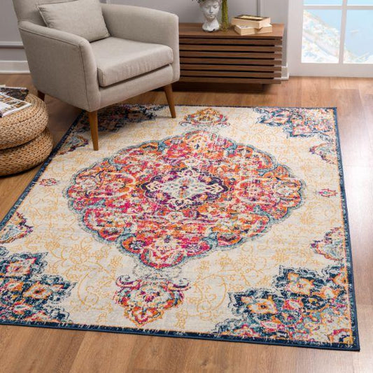 Savannah Collection Traditional Oriental Area Rug and Doormat, Cream / Rust