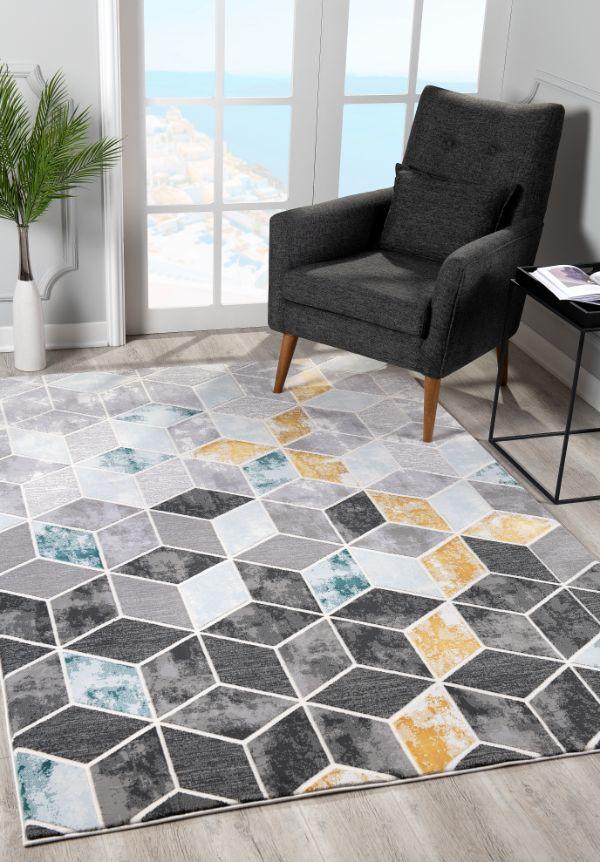Kubo Geometric Contemporary Grey and Yellow Indoor Rug