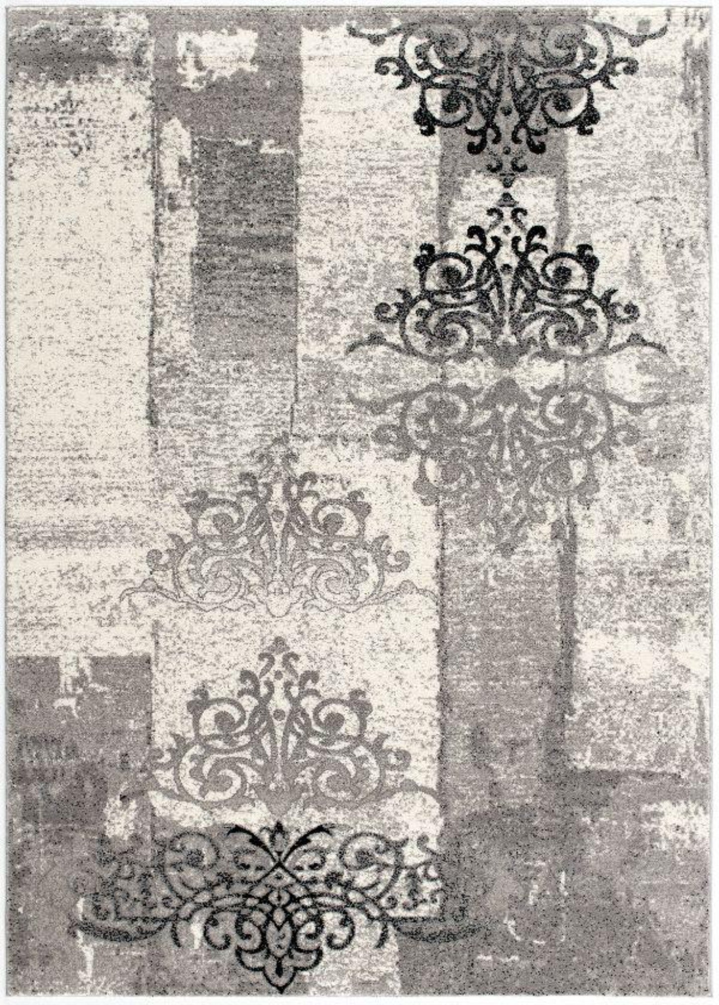 Hikari Distressed Damask Contemporary Grey and Black Indoor Rug