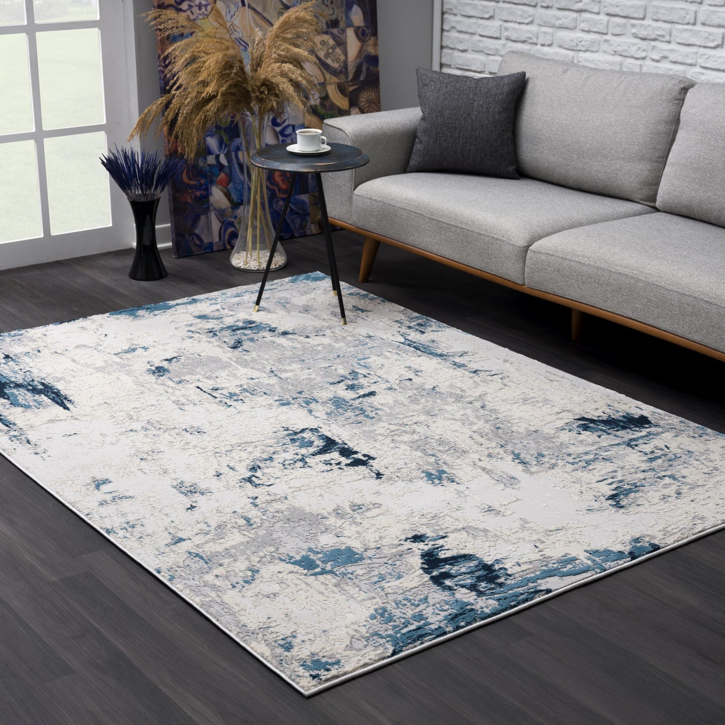 Amara Abstract Contemporary Blue and Cream Indoor Rug