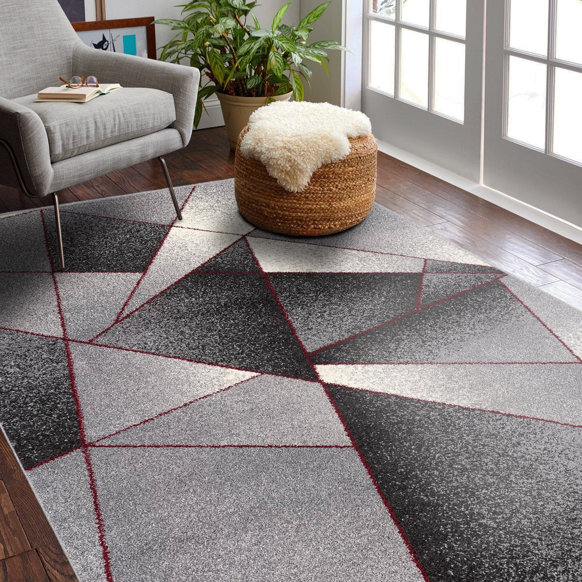 Nour Geometric Contemporary Grey and Red Indoor Rug
