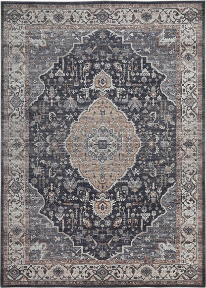 Lina Vintage Medallion Traditional Blue and Beige Indoor Rug